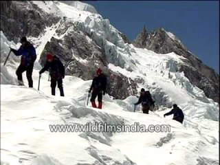 Mountain climbers negotiating an icefall