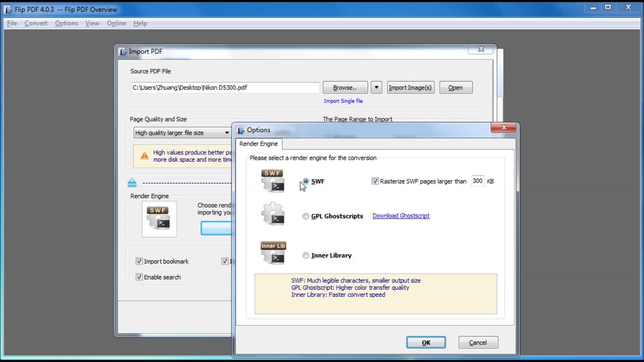 Select different render engines to import PDF files to A-PDF To Flash