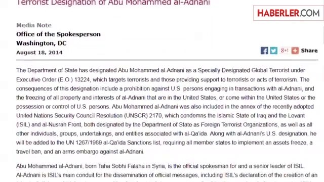 IŞİD Lideri Ebu Muhammed El-Adnani Küresel Terörist İlan Edildi