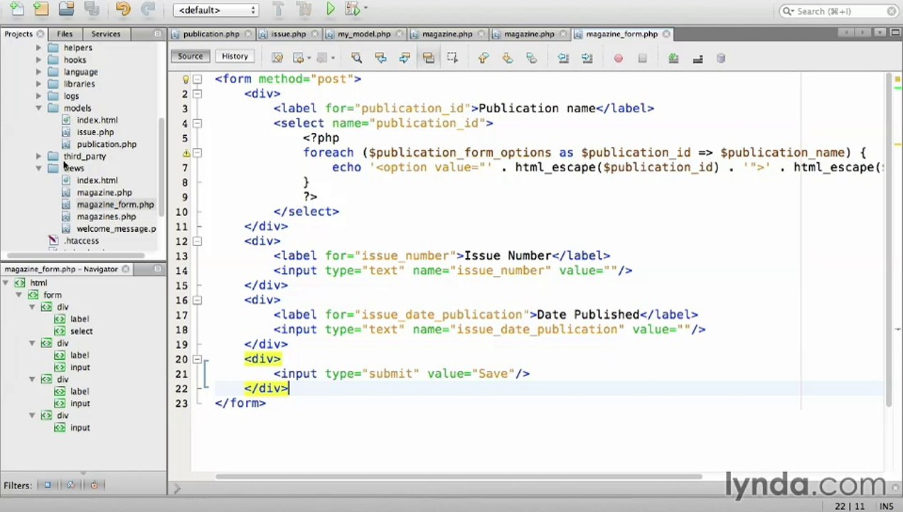 Lynda. Up and Running with PHP CodeIgniter / Section 4 -2. Creating a form to add magazines