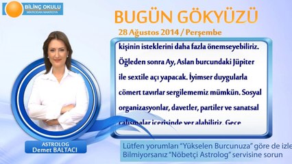 BOĞA Burcu, GÜNLÜK Astroloji Yorumu,28 AĞUSTOS 2014, Astrolog DEMET BALTACI Bilinç Okulu