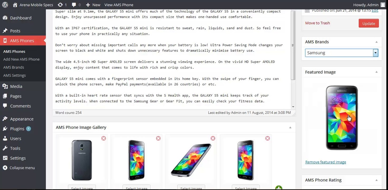 Arena Mobile Specs - WordPress Plugin - Phone Overview and Editing