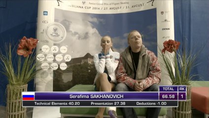 Serafima Sakhanovich Kiss and Cry at JGP Ljubljana 2014 SP