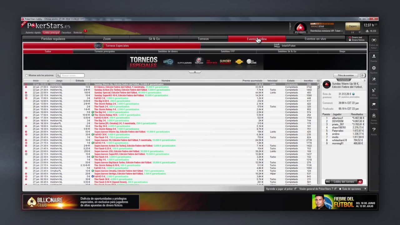 Captura de pantalla de la interfaz de PokerStars en dispositivo móvil