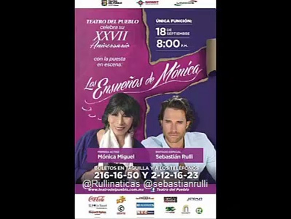 Sebastián Rulli te invita a asistir a la obra #LosEnsueñosdeMonica el 18 septiembre en el #TeatroDelPueblo
