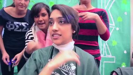 Girls long hair is cut off then shaved to bald