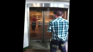 Guy tries to run through a spinning revolving door.  Warning Contains Blood