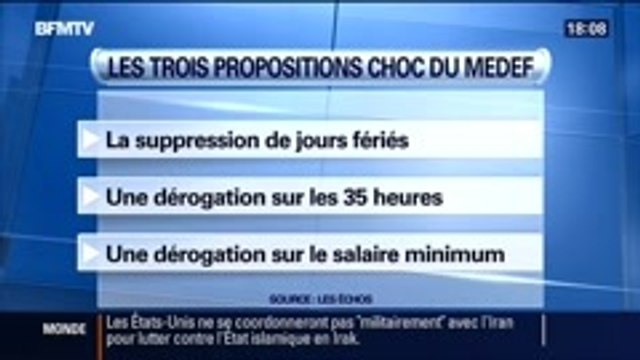 BFM Story: Propositions chocs du Medef: On doit se poser les questions sans tabou et sans insultes - 15/09