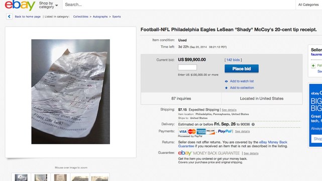 LeSean McCoy's 20-Cent Tip Receipt Selling for More than $100,000 on eBay