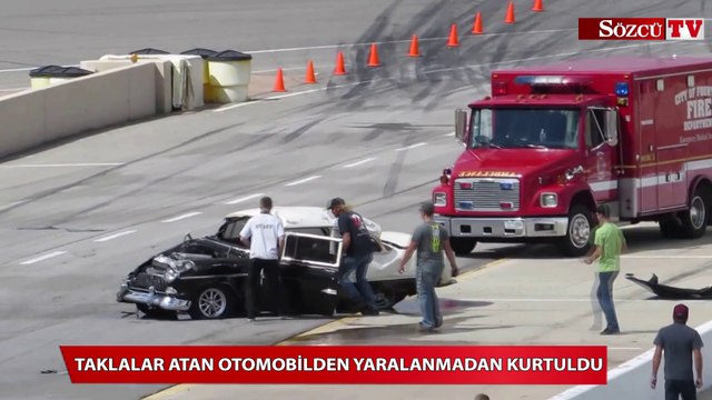 Taklalar atan otomobilden burnu bile kanamadan kurtuldu
