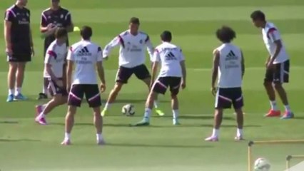 Cristiano Ronaldo nutmegs James Rodriguez in training before triumphantly celebrating