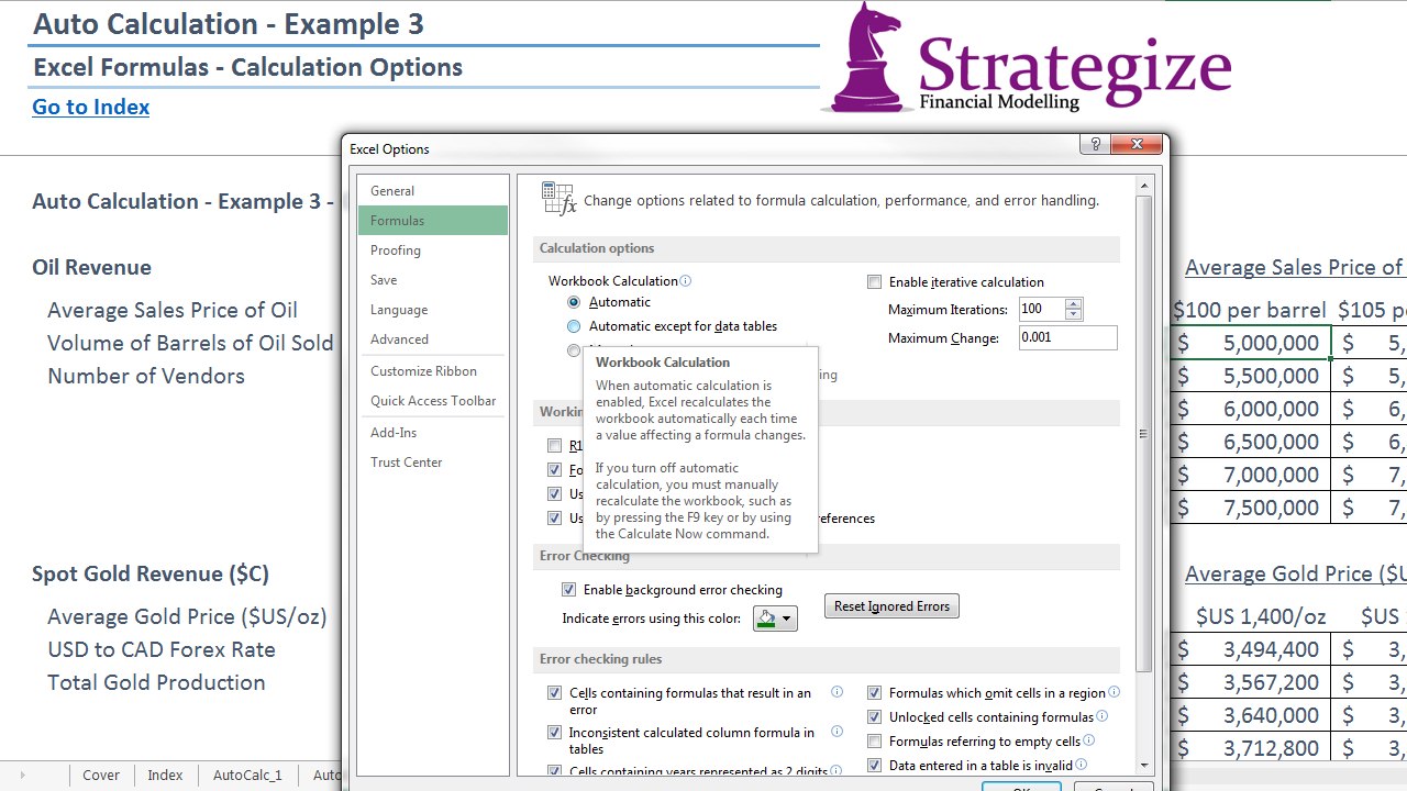 Excel spreadsheet calculation options