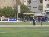 RUMMAN RAEES KHAN BOWLING : AFTAB KHAN NIAZI  BATTING :  CRICKET COMMENTARY NADEEM BUKHARI :  3rd VITAL 5 CLUB RAMZAN CRICKET FESTIVAL 2014 : OMAR CC KARACHI vs TOUCH ME CC KARACHI  SKBZ COLLEGE GROUND 22-07-2014 (6)