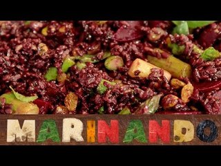 Arroz negro com aspargos e mini-beterrabas