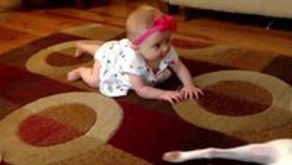 Dog tries to teach baby how to crawl