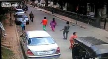 Speeding Motorcycle Takes Out Pedestrian - Brutal Hit From Behind