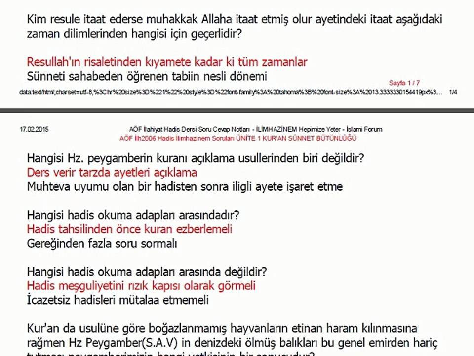 İLH2006 01.Ünite İlimhazinem - HADİS Dersi Soruları KUR'AN SÜNNET BÜTÜNLÜĞÜ