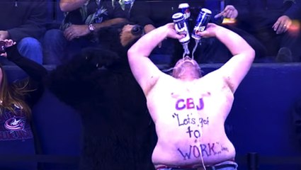Fat Shirtless Blue Jackets Fan Dances Like a Crazy Person, Humps Bear