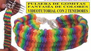 COMO HACER PULSERA DE GOMITAS FANTASÍA DE COLORES CON 2 TENEDORES VIDEOTUTORIAL BRACELET SIN TELAR