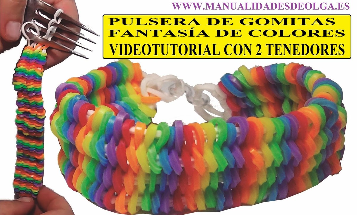 COMO HACER PULSERA DE GOMITAS FANTASÍA DE COLORES CON 2 TENEDORES VIDEOTUTORIAL BRACELET SIN TELAR