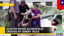 Caught on camera - scooter driver crushed to death in car accident by cement truck.