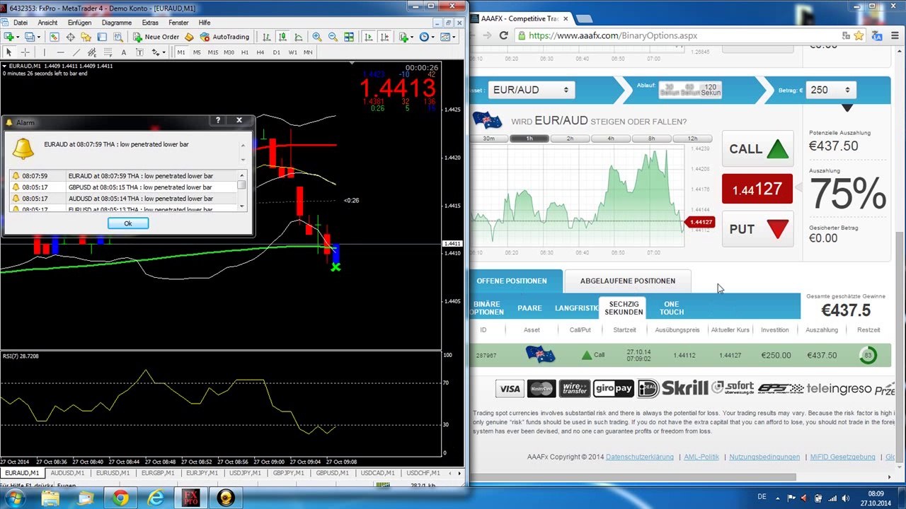 187,50€ Gewinn in 120 Sekunden Live Trade EUR/AUD 27.10.2014