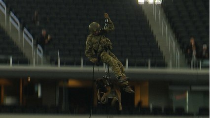 Military dog rappels from rafters