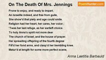 Anna Laetitia Barbauld - On The Death Of Mrs. Jennings