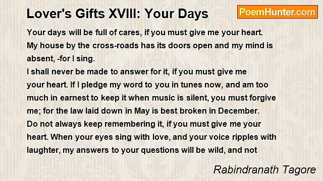 Rabindranath Tagore - Lover's Gifts XVIII: Your Days