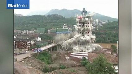 Much faster! Bridge and tower block demolished at SAME time