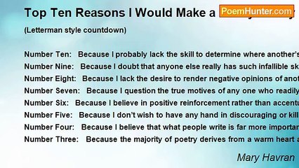 Mary Havran - Top Ten Reasons I Would Make a Lousy Poetry Critic