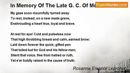 Rosanna Eleanor Leprohon - In Memory Of The Late G. C. Of Montreal