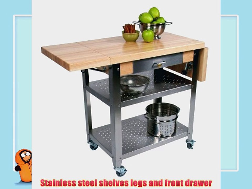 John Boos Cucina Elegante Edge Grain Maple and Stainless Steel Chefs Cart with 2 Drop Leaves