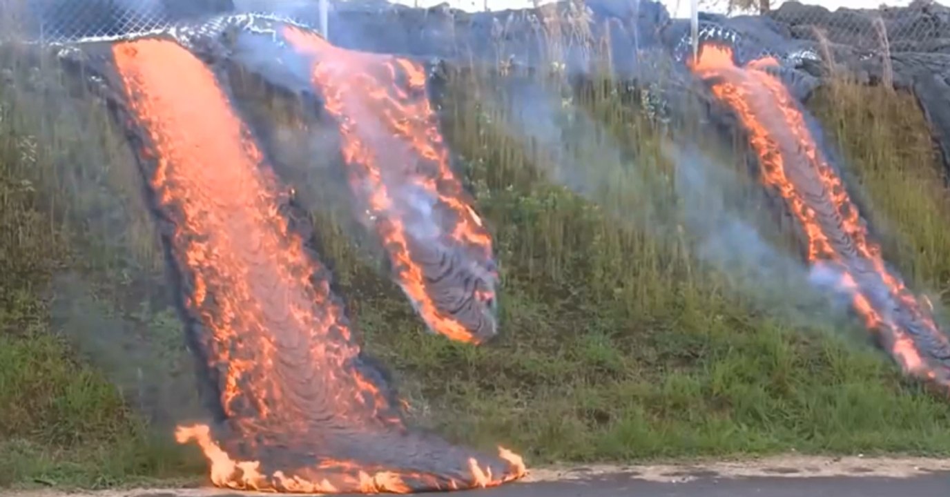 Hawaii Lava Flow Reaches Downhill To Road!