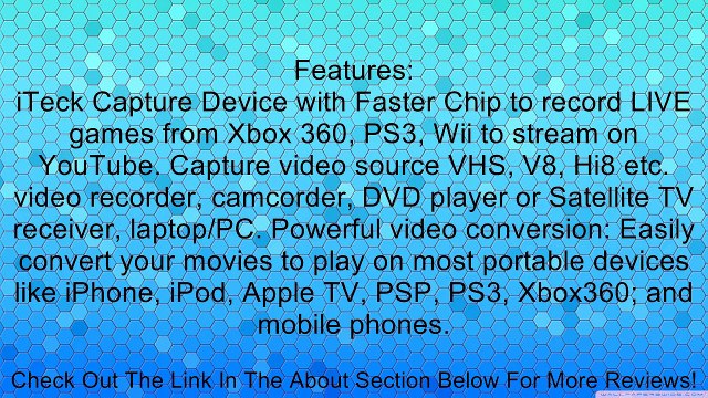 iTeck EasyCap USB 2.0 DC60+ / DC-60+ USB Grabber Video Capturer for Video Game PS3 XBOX 360 / Game Players / DVD / VHS / Camcorde - AV Cables Included Review