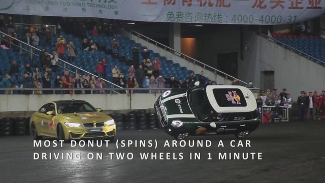 New amazing World record : Most donuts (drift spins) around a car driving on two wheels
