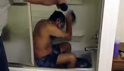 roommate making fun on friend in bathroom