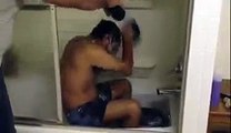 roommate making fun on friend in bathroom