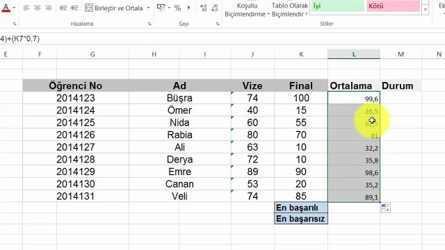 Excelde not hesaplama ve grafik oluşturma uygulaması