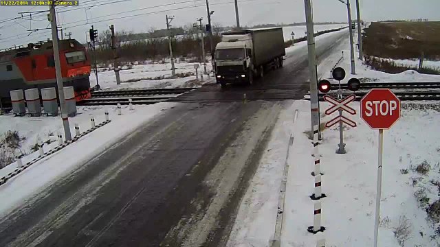 À cause d'une route verglacé un camion ne peut pas s'arrêter à un passage à niveau