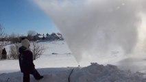 Sprinkler in cold Winter transformed in fog machine!  -48C / -57F, Winnipeg, MB, CANADA