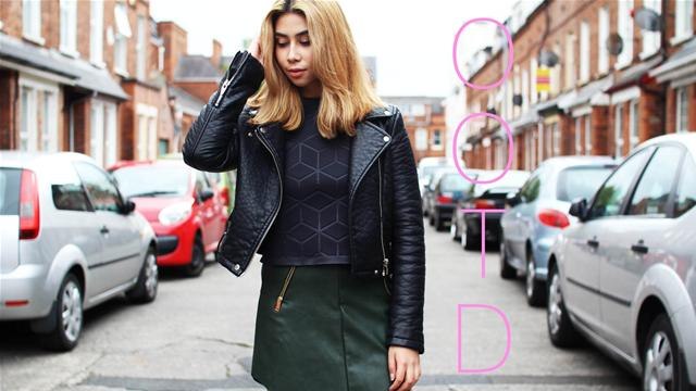 Tara's OOTD: Leather Jacket And Green Leather Mini Skirt