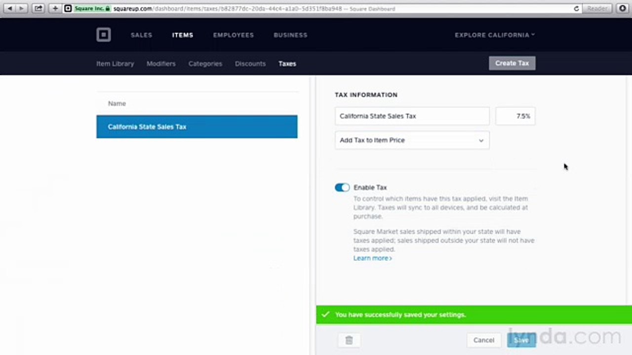 Up and Running with Square Register tutorial 9 Sales Tax