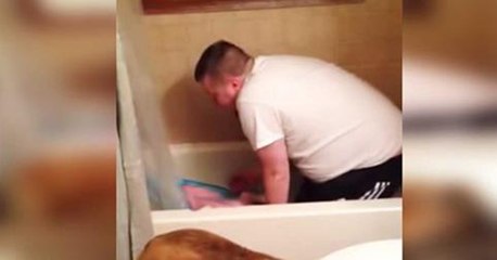 His face when she catches him is absolutely hilarious!