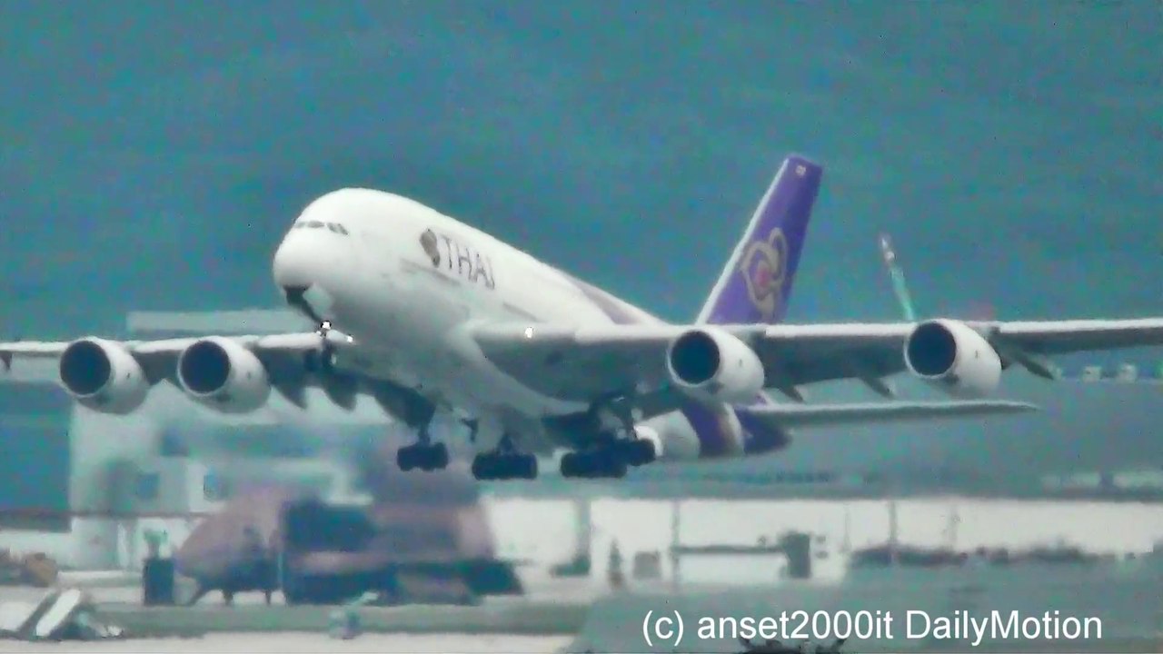 Airbus A380 Thai Airways. Takeoff from Hong Kong International Airport