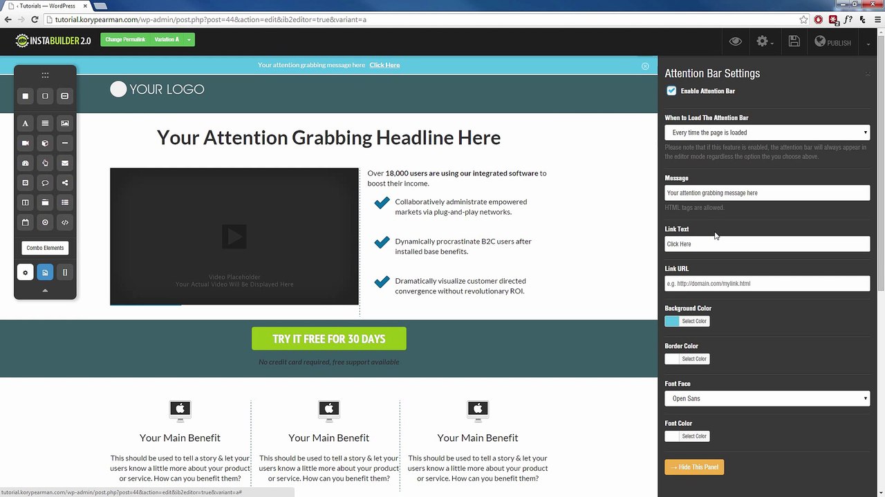 InstaBuilder 2.0 Review (Part 10) - How to Add An Attention Bar To Your Page