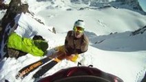 Skier falls off huge rocky cliff