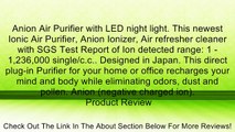 Anion Air Purifier with LED night light. This newest Ionic Air Purifier, Anion Ionizer, Air refresher cleaner with SGS Test Report of Ion detected range: 1 - 1,236,000 single/c.c.. Designed in Japan. This direct plug-in Purifier for your home or office re