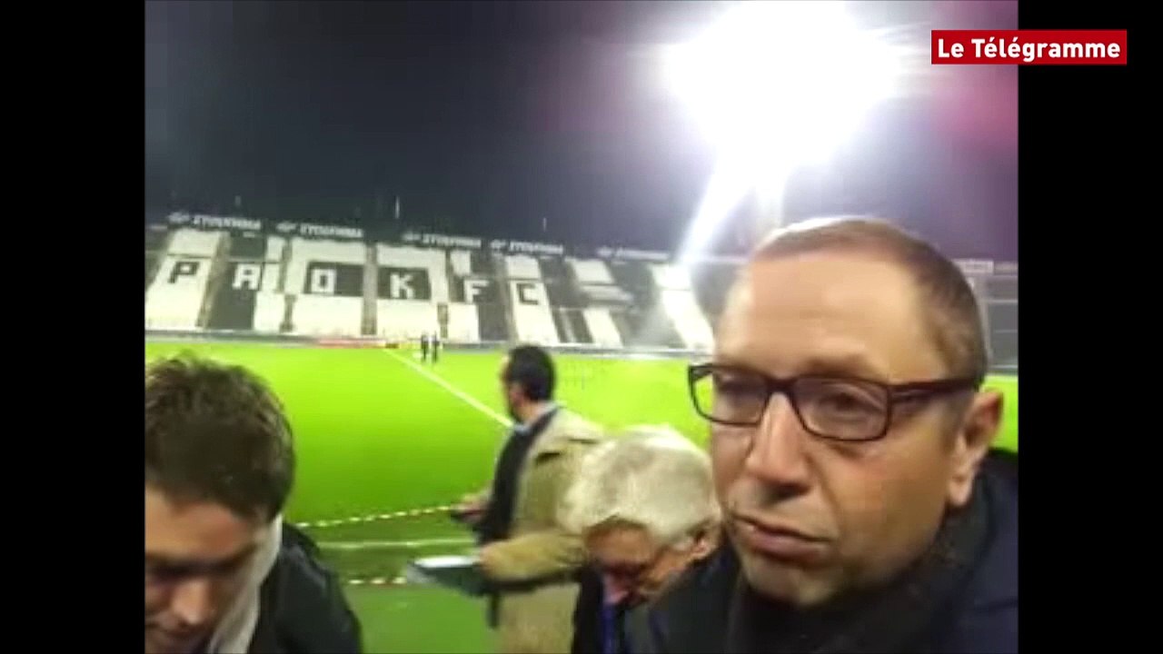 Interview du président guingampais Bertrand Desplat, dans le stade du PAOK Salonique