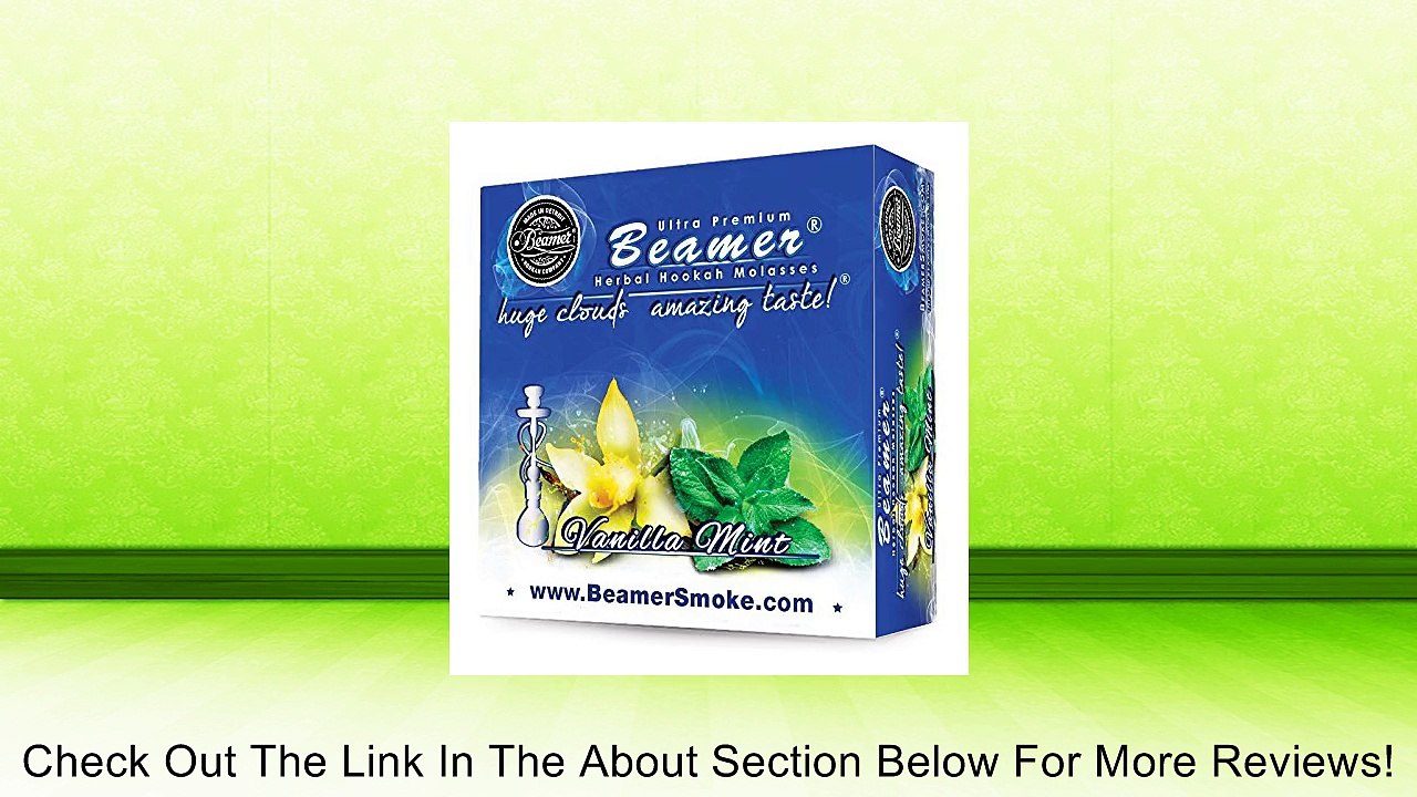 Vanilla Mint Beamer� Ultra Premium Hookah Molasses 50 Gram Box. Huge Clouds, Amazing Taste!� 100 % Tobacco, Nicotine & Tar Free but more taste than tobacco! Compares to Hookah Tobacco at a fraction of the price! GREAT TASTE, LOTS OF SMOKE & SMELLS GREAT!!